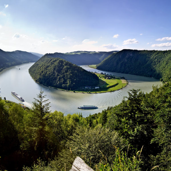 Cycling along the scenic Danube River with a boat in the background, part of the Danube Boat & Bike tour featuring picturesque landscapes, European countryside, and cultural landmarks.